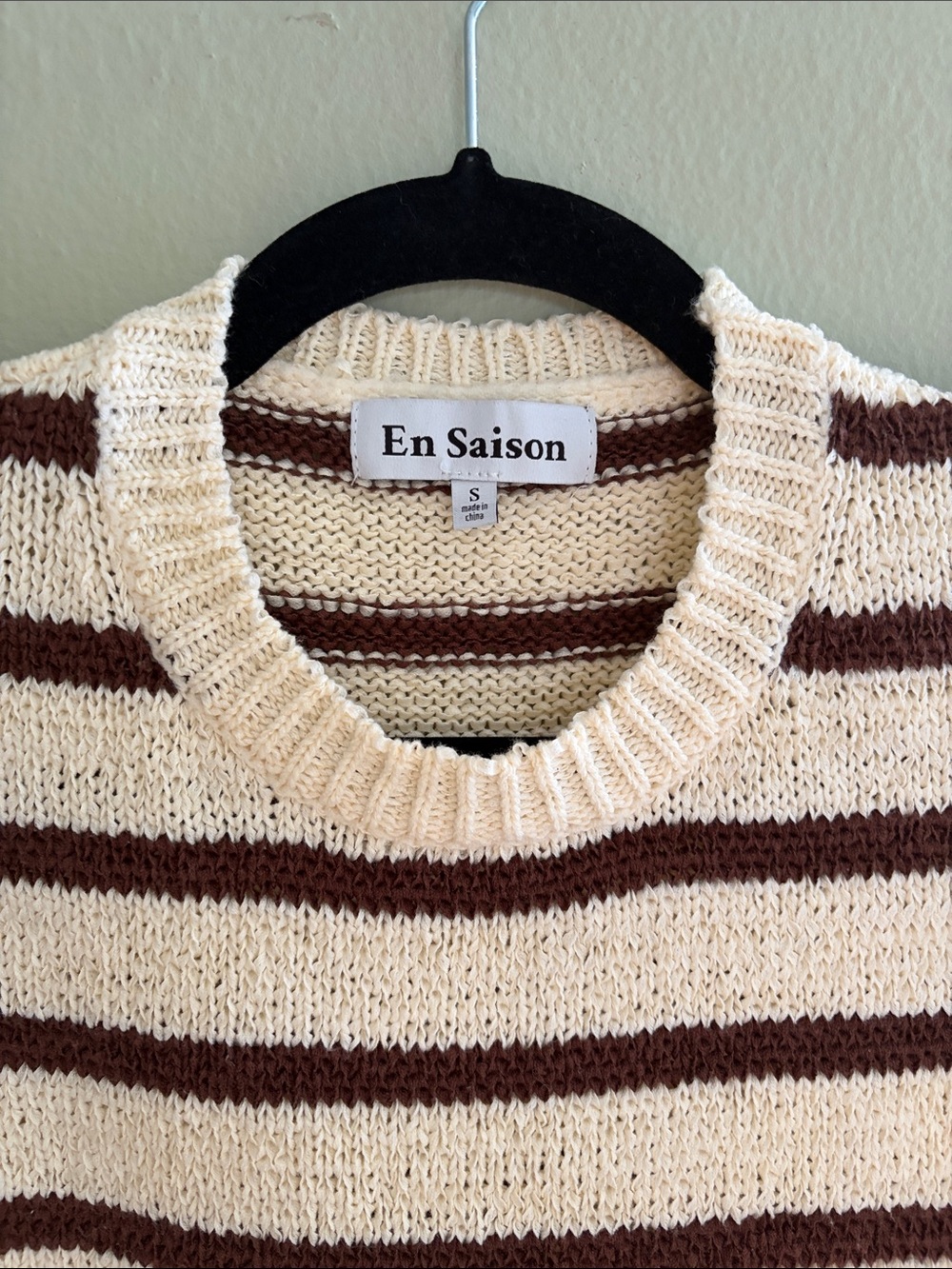En Saison Cream and Brown Striped Short Sleeve Crew Sweater - Picture 2 of 9